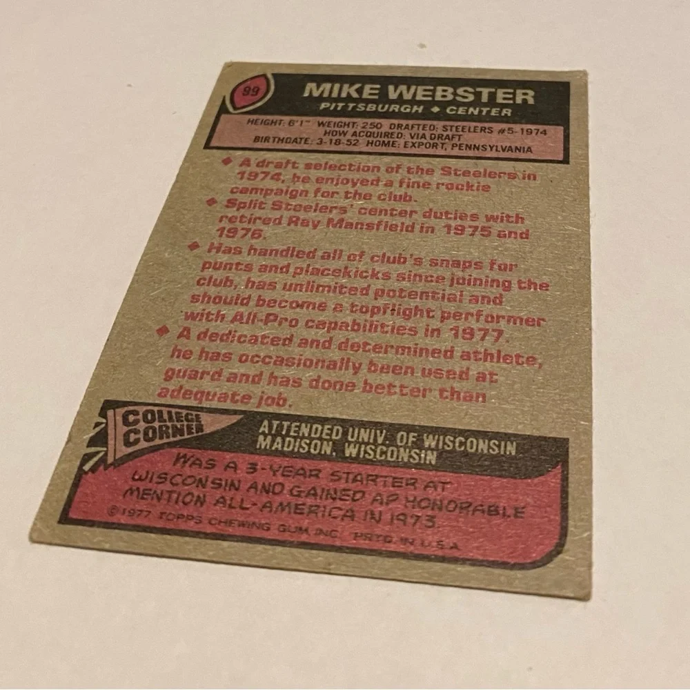 Mike Webster Rookie RC 1977 Topps Football Card Vintage Collectible